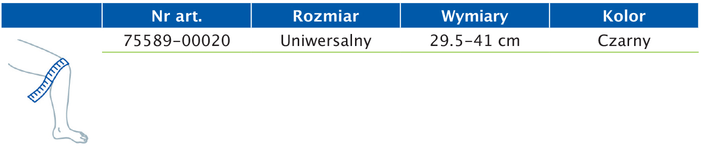 Tabela rozmiarów przedstawiająca wymiary regulowanej opaski stabilizującej rzepkę Actimove Sports Edition z odkrytą rzepką Tabela rozmiarów przedstawiająca wymiary regulowanej opaski stabilizującej rzepkę Actimove Sports Edition z odkrytą rzepką